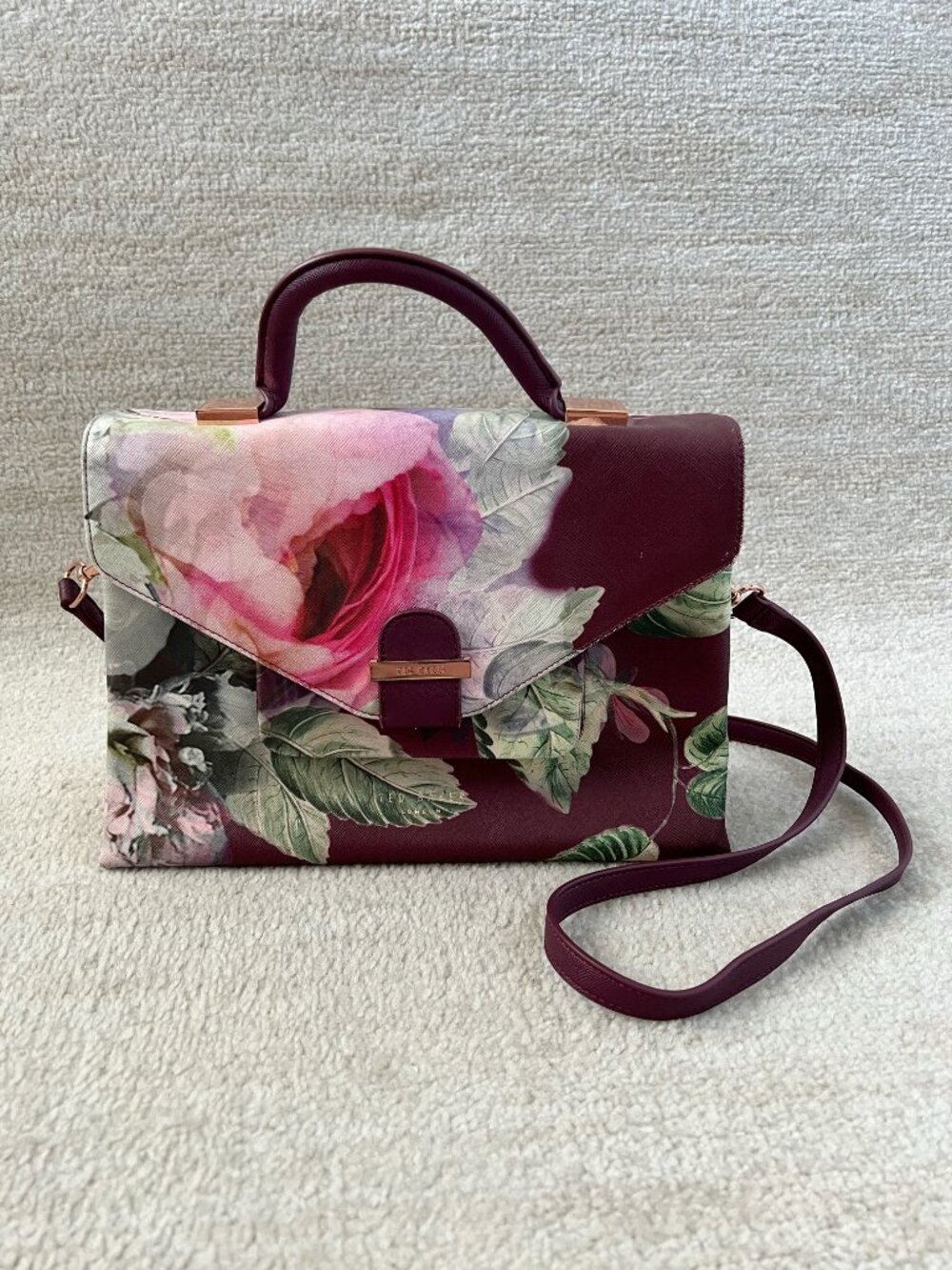 Ted Baker London Abielee Burgundy Floral Top Handle Satchel Crossbody Bag Purse